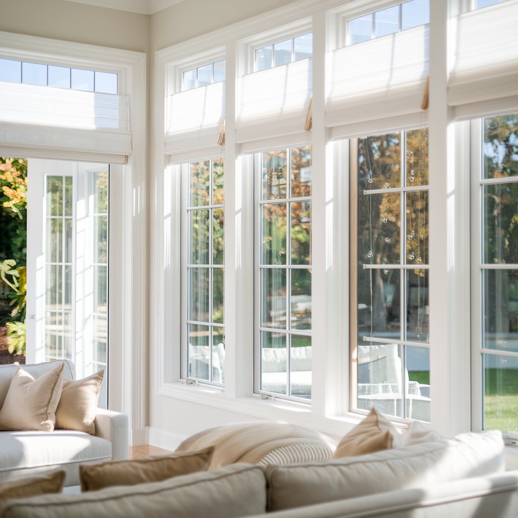 Bright and inviting living room with large, clean windows, soft beige cushions, and natural light streaming in, showcasing the benefits of professional window cleaning services by Greenish.
