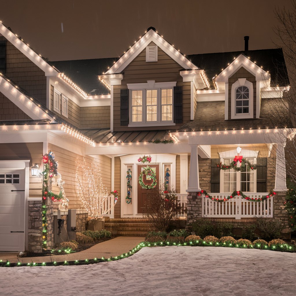 Cozy and festive home adorned with energy-efficient holiday lights, wreaths, and garlands, showcasing professional light installation by Greenish.
