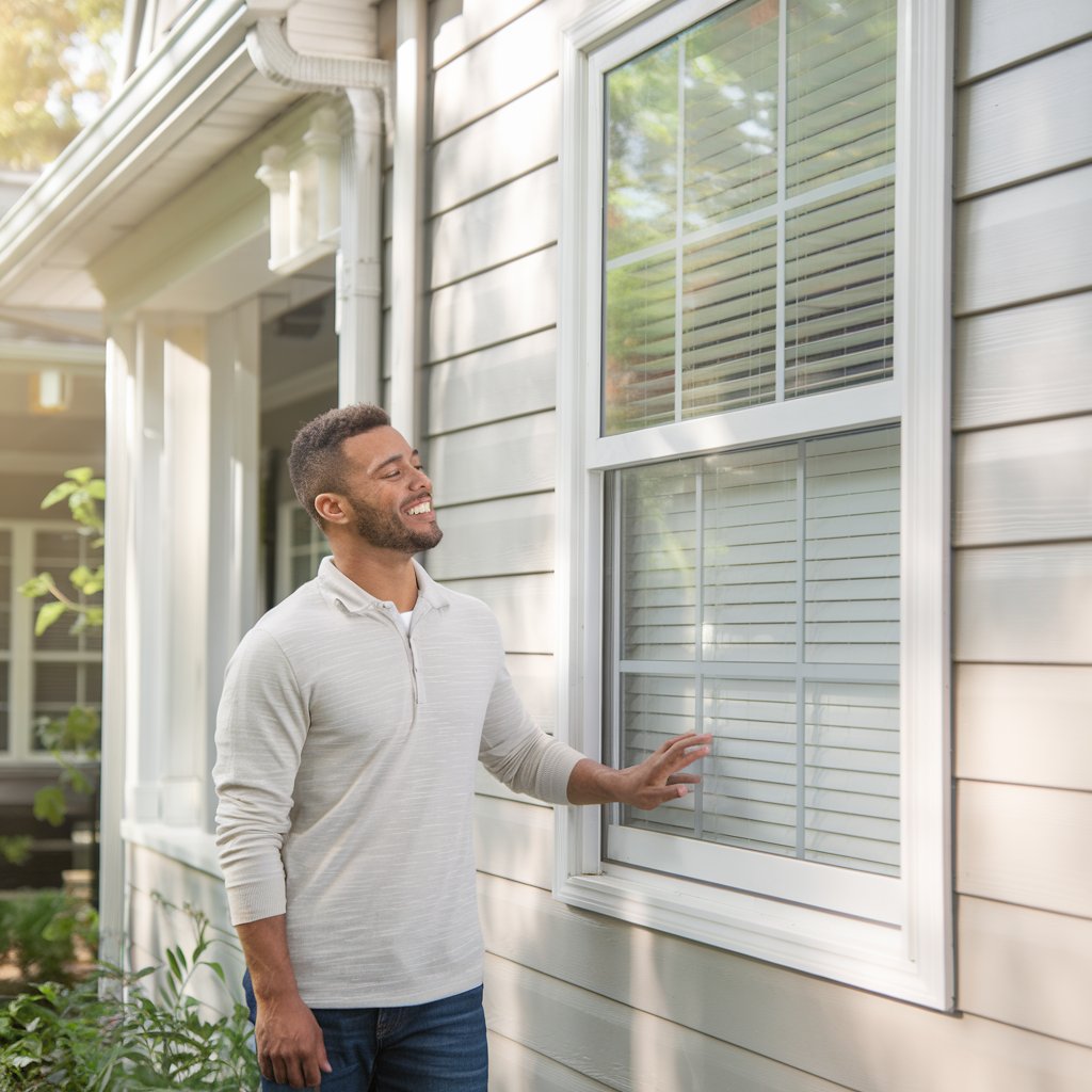 Homeowner smiling and admiring freshly cleaned windows on a well-maintained exterior, showcasing the results of professional soft wash services by Greenish Calgary.